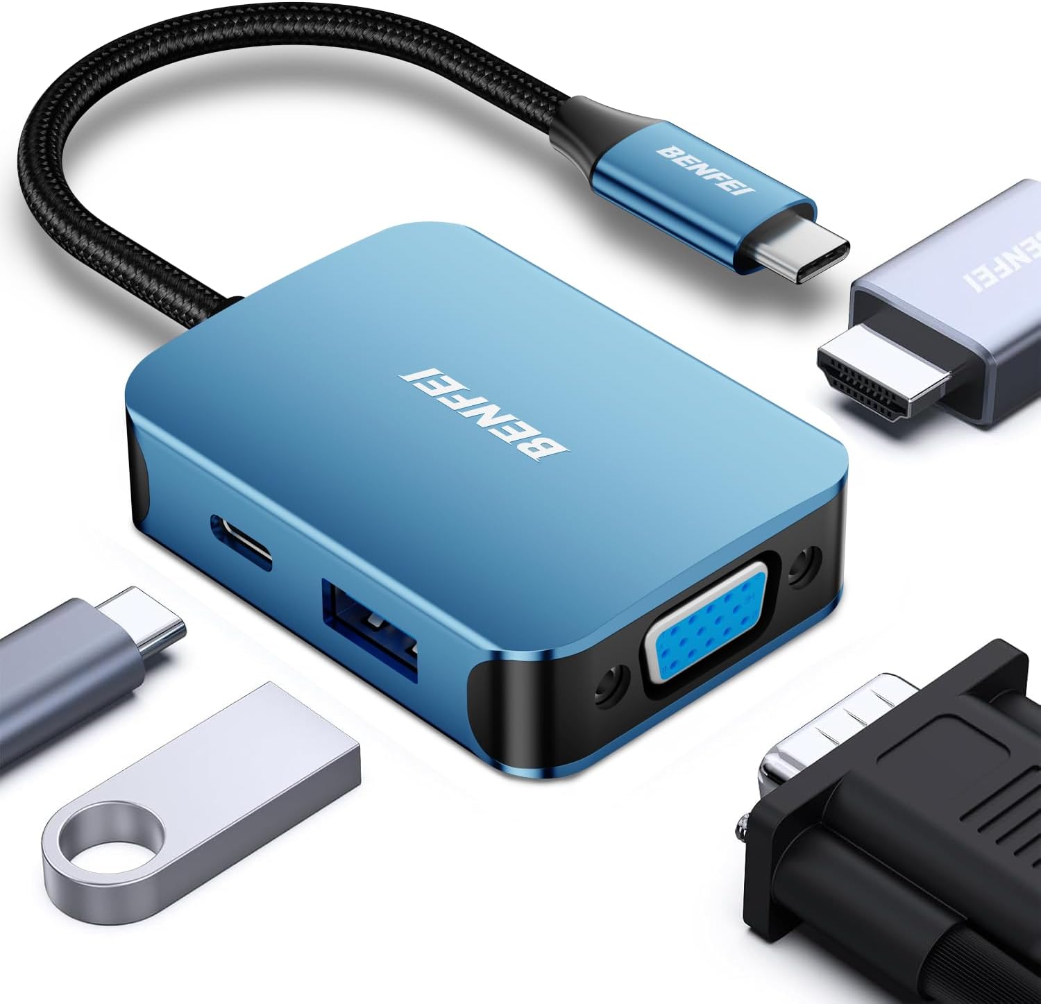 Benfei Usb C Hub 4- In- 1/ Usb Type- C To Hdmi Vga Adapter/ Usb C To Usb Adapter/ Type- C Power Delivery