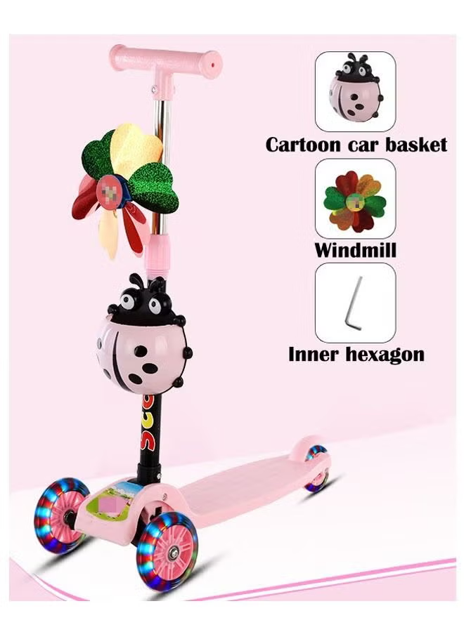3 Wheels Foldable Kids Scooter with Cartoon Basket and Windmill