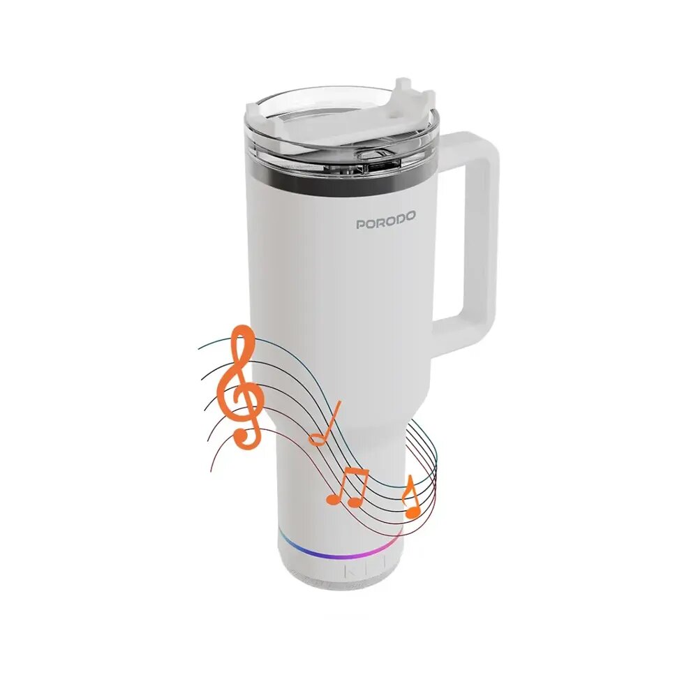 Porodo HydroTunes Portable Tumbler with Bluetooth Speaker- White