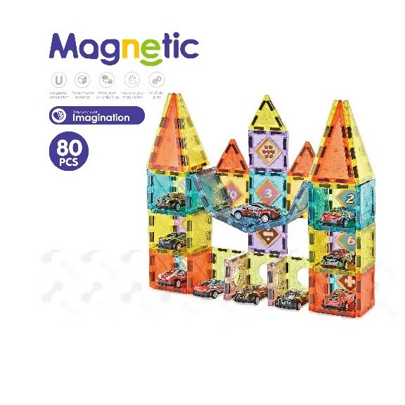 80 PCS Magnetic DIY Blocks Set Colorful Magnetic Building Tiles with Cars for Kids