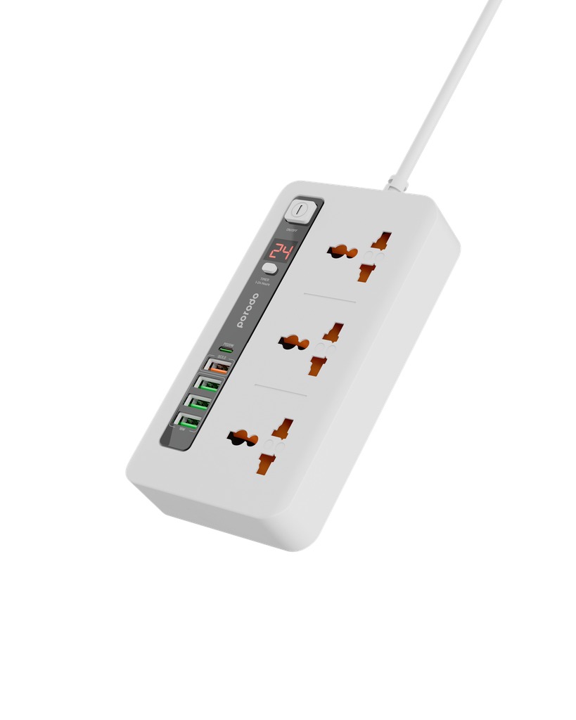 Porodo 3 AC 4 USB-A & USB-C PD 20W Multi-Port Super Hub 2M UK - White