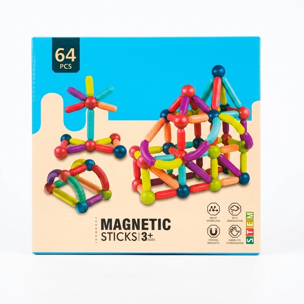 Magnetic Building Blocks, Magnetic Sticks and Balls Game Construction Set with 64 Pieces
