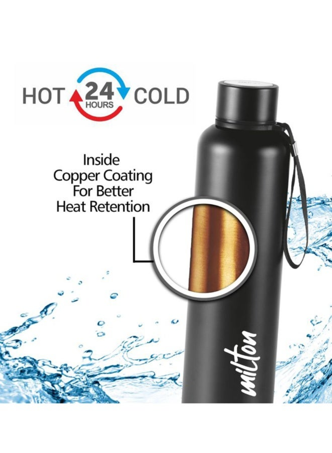Milton 750ml Stainless Steel Water Bottle Vacuum Insulated Flask Hot and Cold - Black