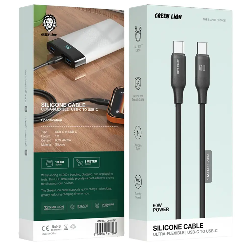 Green Lion 60W Silicone Cable USB-C To USB-C 1M - Black