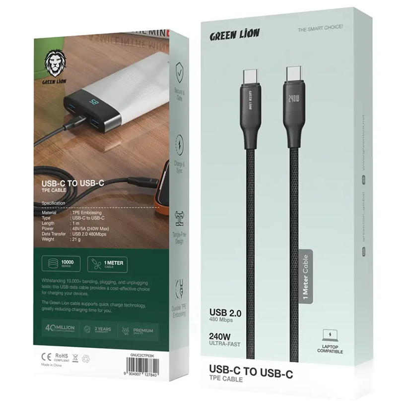 Green Lion USB-C to USB-C TPE 1M Cable 240W - Black