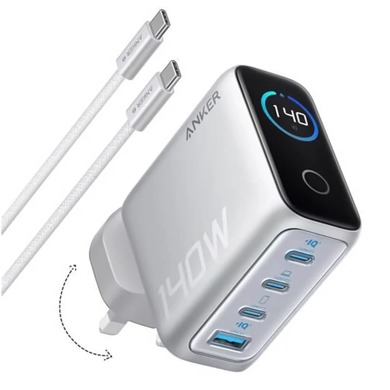 Anker Charger / With 3 Type-C Ports + 1 USB Port / 140W / Type-C Cable / Built-in Display / Silver