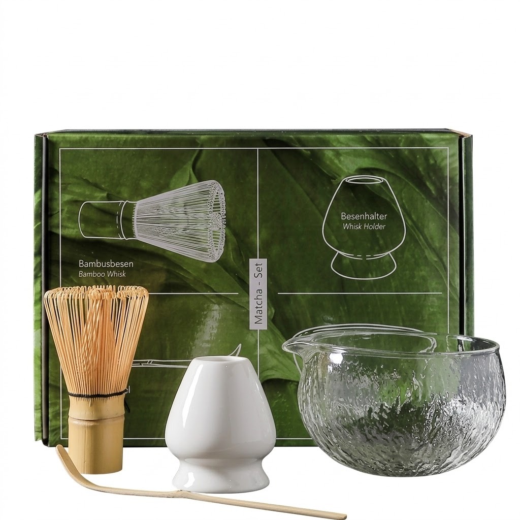 Japanese Matcha Set with Whisk and Glass Bowl, 4 Pack