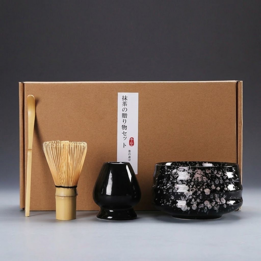 4-piece Japanese Matcha Set, Ceramic Matcha Bowl Black