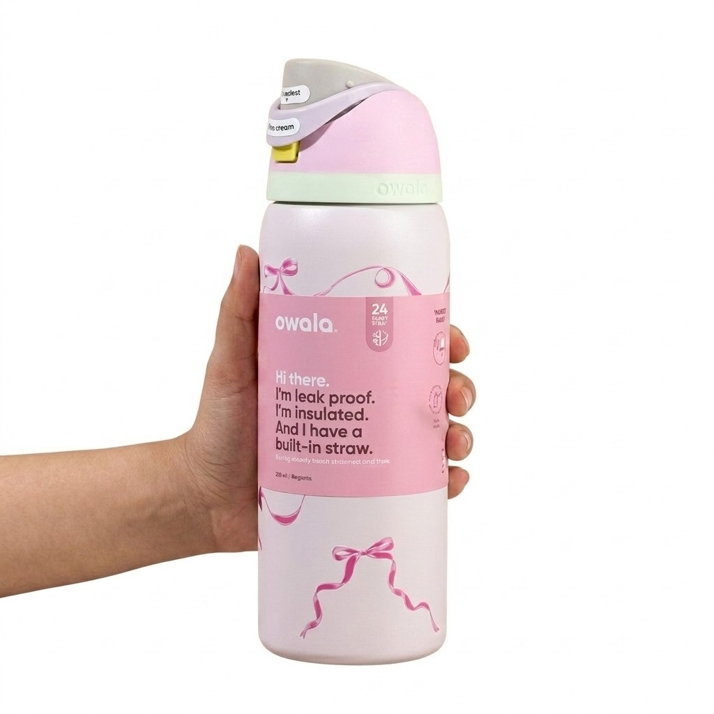 Owala FreeSip Insulated Stainless Steel Water Bottle with Straw / Pink with Ribbons