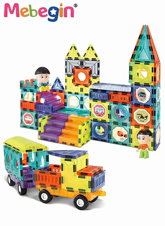 100-piece DIY magnetic tiles with cars for Montessori learning.