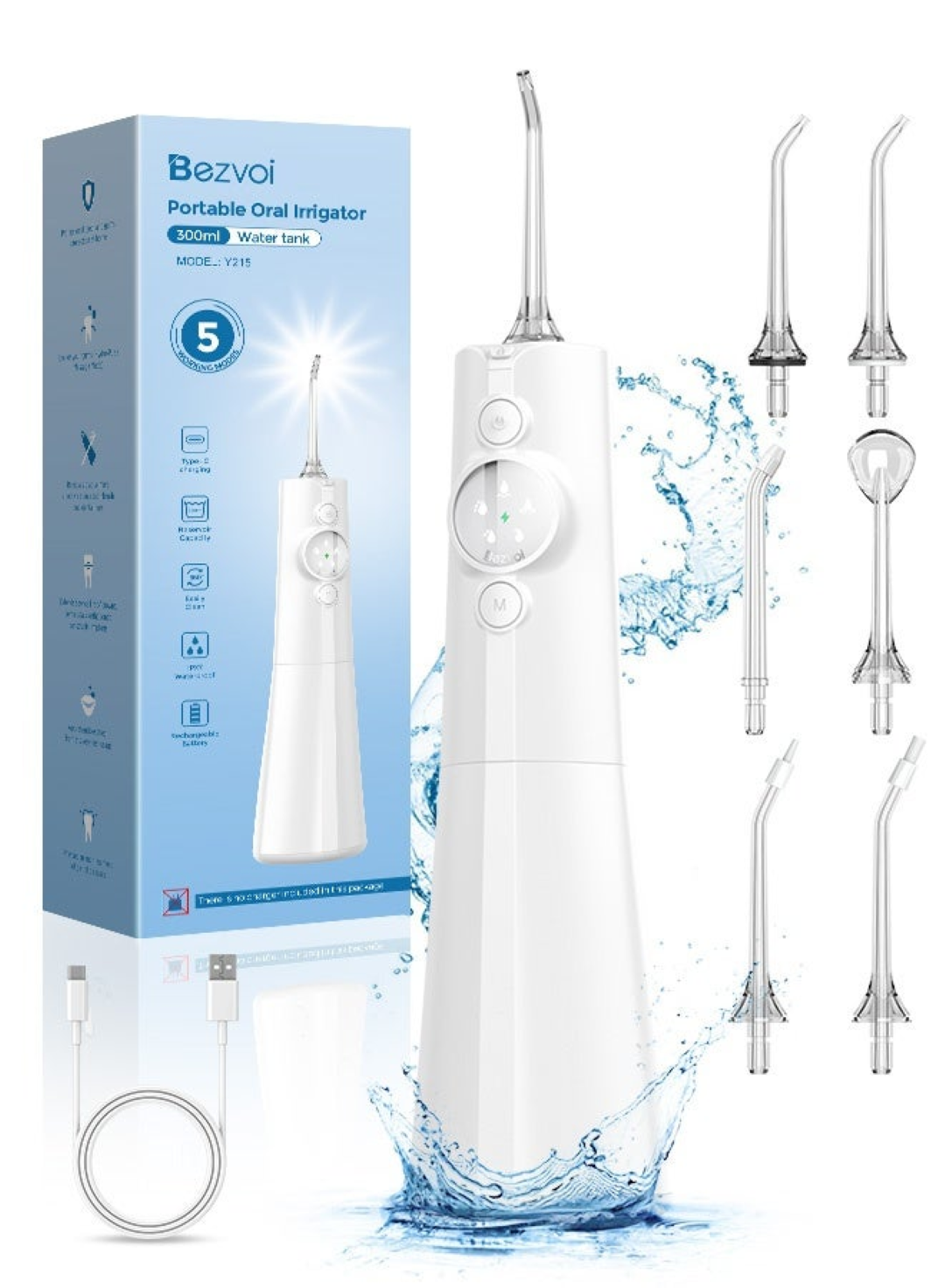 Bezvoi Water Flosser Mini Cordless Portable 5 Modes Travel Water Dental Floss - White