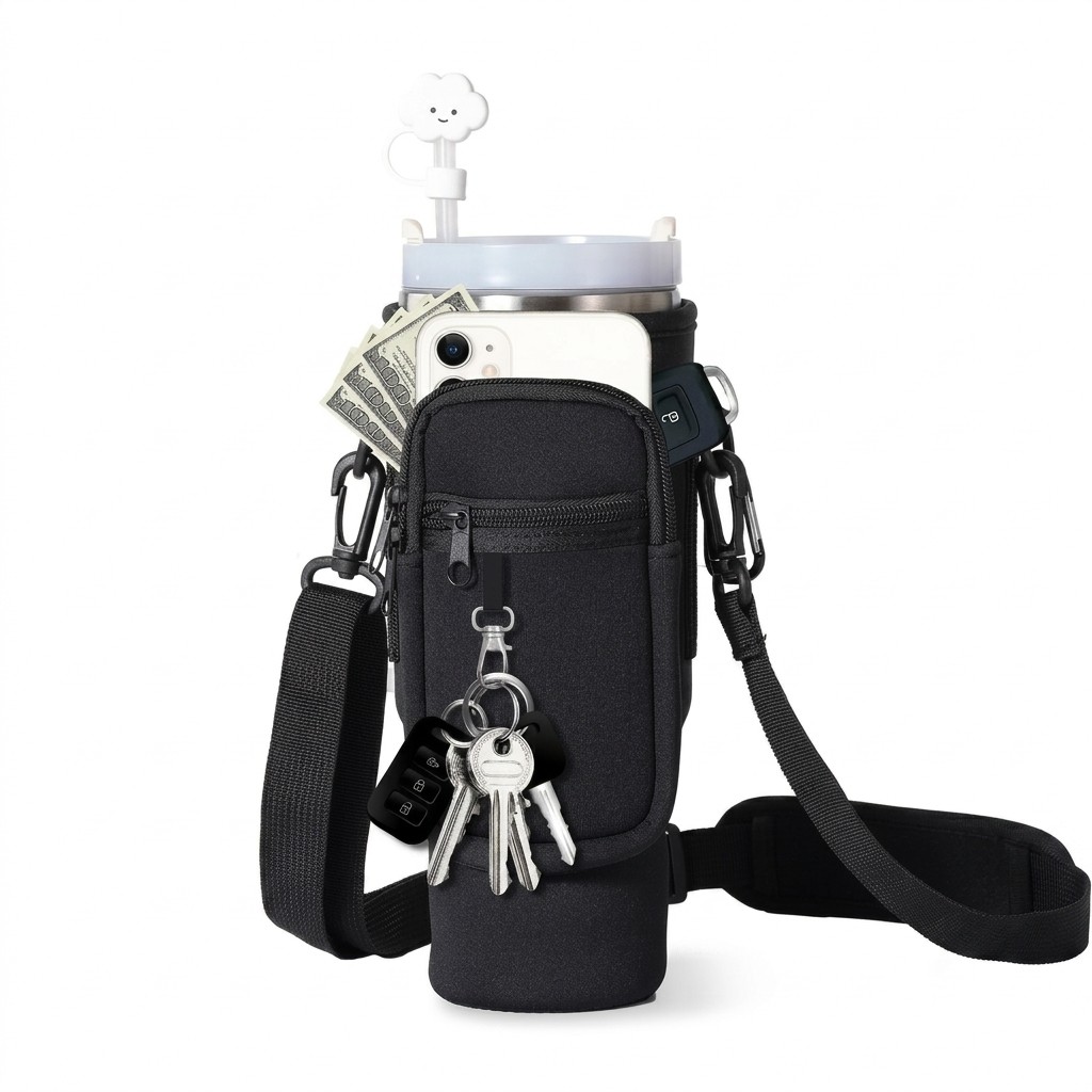 Water Bottle Carrier Bag with Phone Pocket for Stanley 40oz Tumble - Black