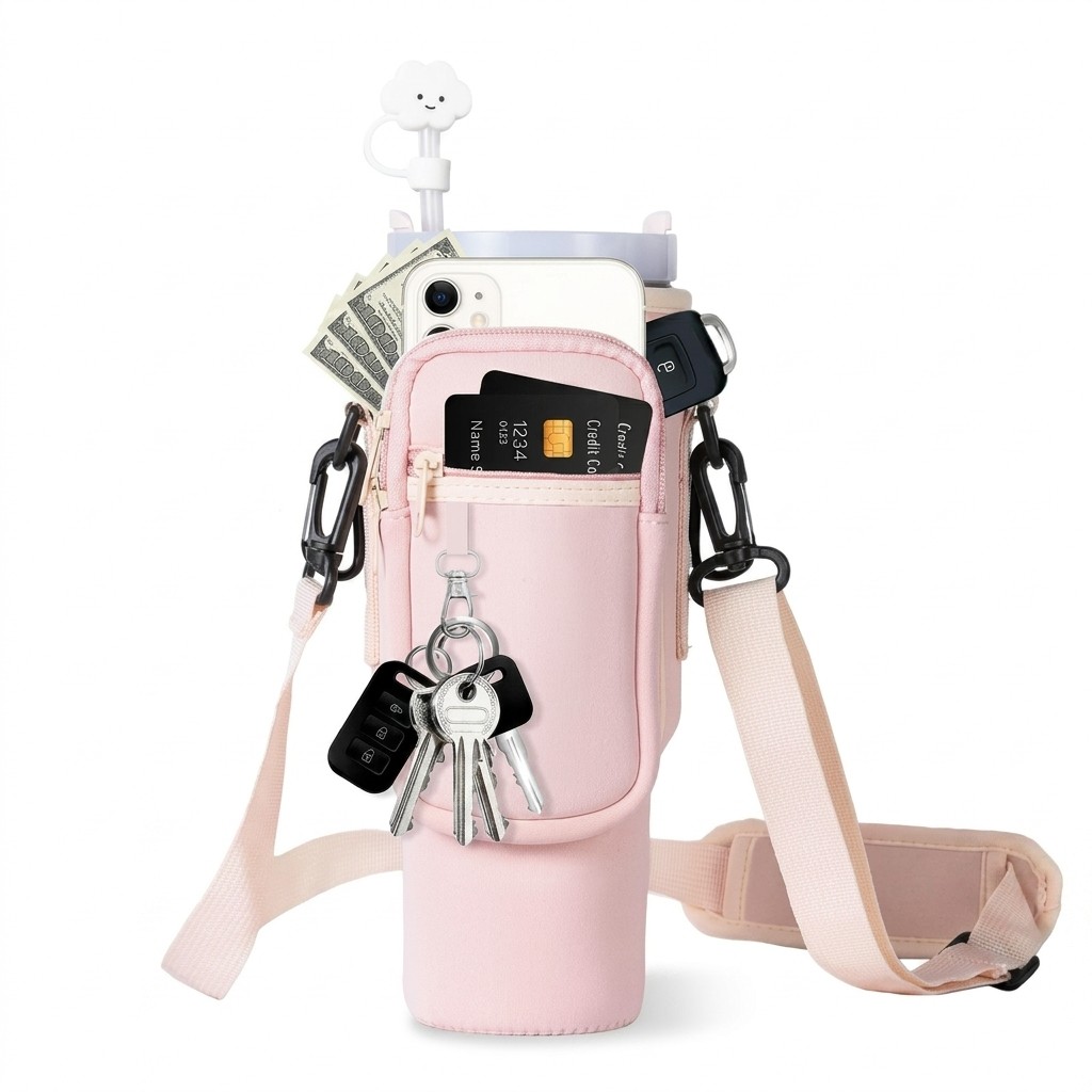 Water Bottle Carrier Bag with Phone Pocket for Stanley 40oz Tumble - Pink