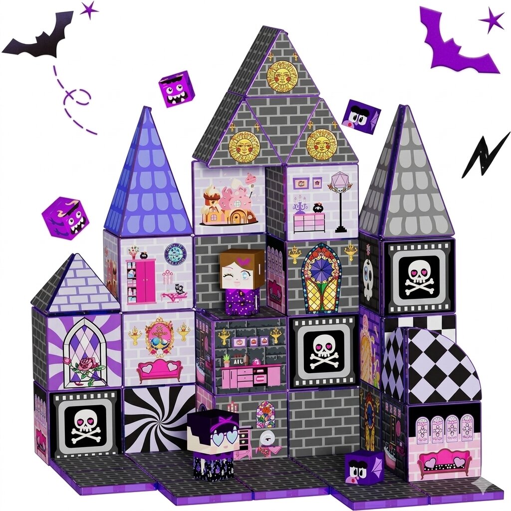 52-piece haunted castle magnetic dollhouse STEM building set.