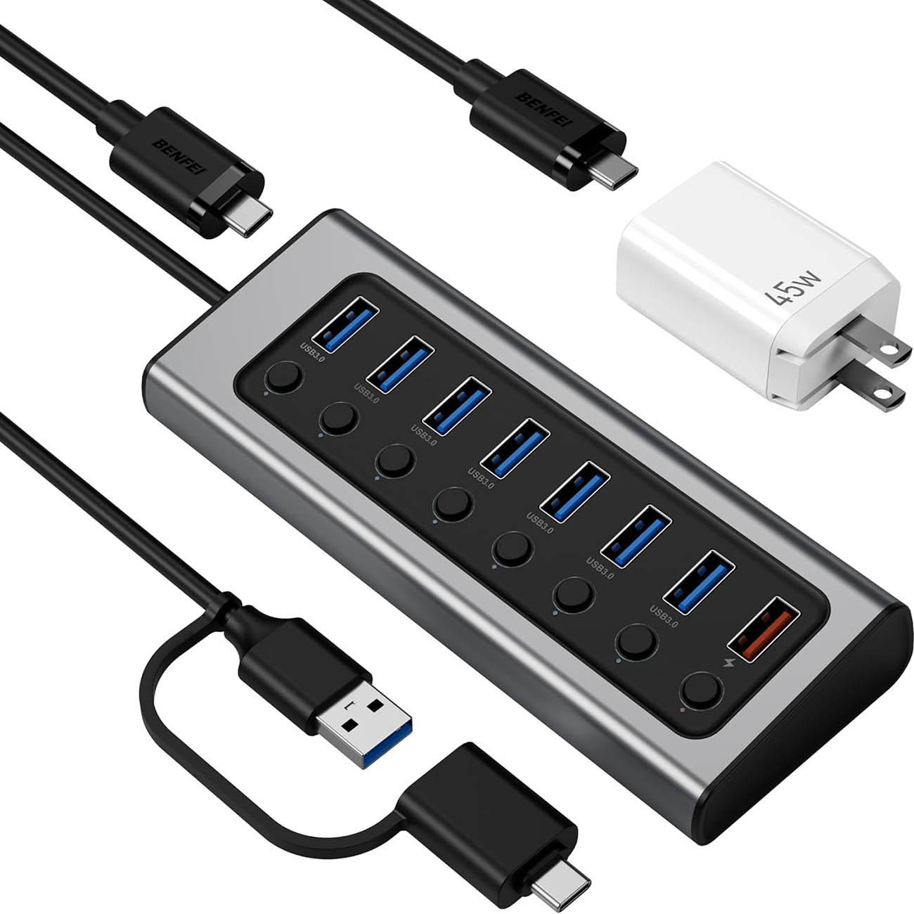Benfei Hub 7 Usb- A Data Ports + 1 Usb- A Charging Port / With 45W Gan Charger + 1.2M Type- C Cable
