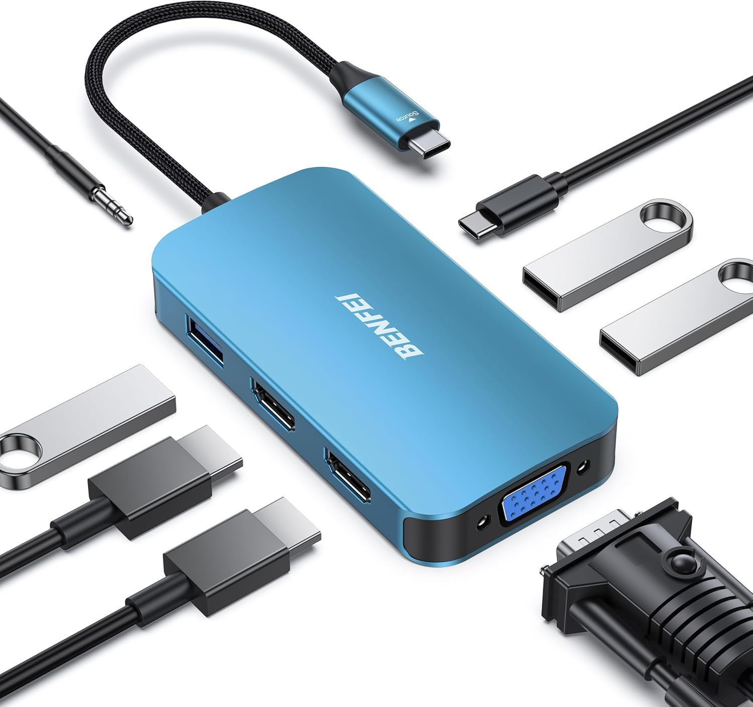 Benfei Usb C Mst Hub 8In1 With Usb- C To 2 Hdmi/ 1 Vga/ To 3 Usb 3.0/ 100W Power Delivery